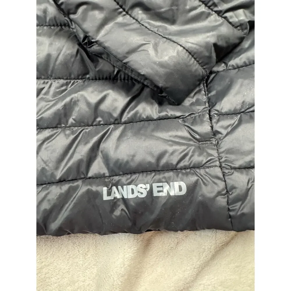 Lands End Girls L 10-12 Black Hooded Lightweight Puffer Jacket Full Zip